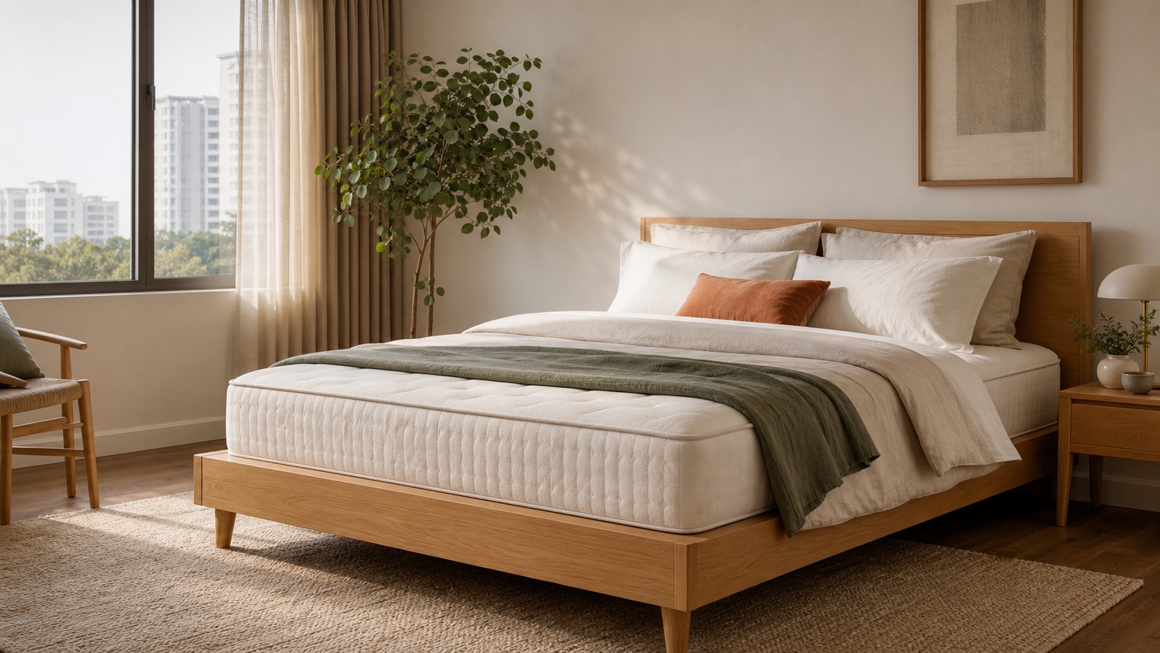 Warm modern bedroom featuring a mattress on a natural wood bed frame