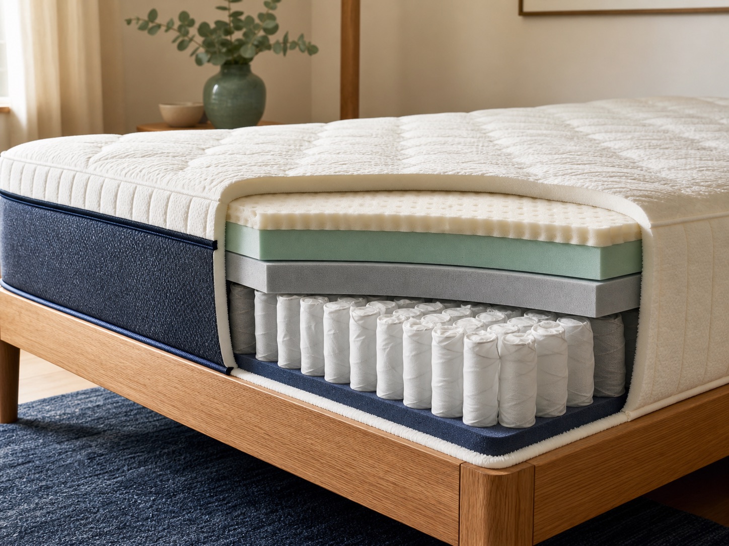 Cutaway view showing a quilted cover, comfort layers and pocket springs inside a mattress